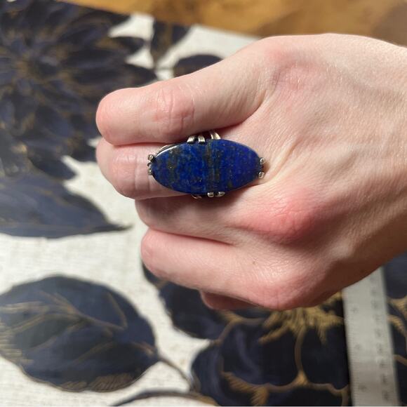 Vintage 925 Sterling Silver and Large Blue Lapis Lazuli Stone Silver Ring D2 - Picture 12 of 14